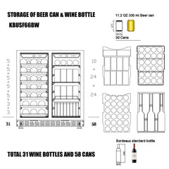 WineCools- KBUSF66BW 30" Under Counter Low-E Glass Door Wine and Beer Cooler Combo