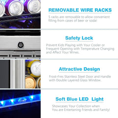 Antarctic Star 24 Inch Beverage Refrigerator Buit-in Wine Cooler  Clear Glass Door Digital Memory Temperature